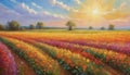 Vibrant Sunset Over Flower Field Royalty Free Stock Photo