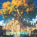 Radiant Tree Paradise: Ancient City Fantasy Royalty Free Stock Photo