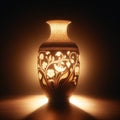 Radiant vintage Chinese porcelain vase, warm backlight, botanical engraving, wooden table, dark room, soft glow