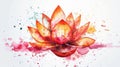 A radiant watercolor lotus bursts with vibrant red and orange tones, accented by dynamic ink splatters