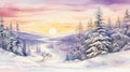 Radiant Watercolor Winter Sunrise Illuminating a Snowcovered Christmas Landscape AI Generated