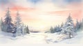 Radiant Watercolor Winter Sunrise Illuminating a Snowcovered Christmas Landscape AI Generated