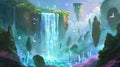 A radiant waterfall flows over crystals, floating islands and tiny. Generative Ai Royalty Free Stock Photo