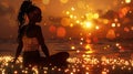 Radiant woman with a serene expression enjoys a moment of solitude by the glistening waters, her p