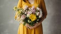 Radiant Woman in a Yellow Dress Caressing her Baby Belly, Graced by a Gentle Floral Bouquet. Generative AI