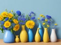 The radiant yellow flower gracefully adorns the colorful vase, creating a delightful.