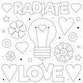 Radiate love. Coloring page. Black and white vector illustration.