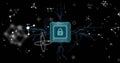 Radiating microchip square displaying padlock icon in network grid, with circuit lines and nodes Royalty Free Stock Photo