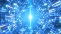 Radiating tunnel of glowing blue circuitry patterns with light shards Royalty Free Stock Photo
