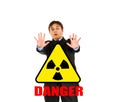 Radiation danger! Portrait of scared businessman