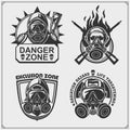 Radiation hazard emblems. Danger symbols, gas masks.