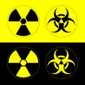 Radiation hazard sign, bio hazard sign on yellow and black backgrounds. Options