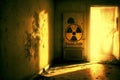 Radiation hazard sign hanging on wall in abandoned living space