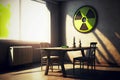 Radiation hazard sign hanging on wall in abandoned living space