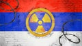 Radiation sign on the background of flag of Russia. The risk of nuclear war and radiation pollution.