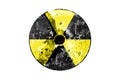 Radiation sign black and yellow with a texture of shot through metal on a white background , danger and radiation Royalty Free Stock Photo
