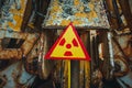 Radiation Sign - triangular warning yellow sign of radiation hazard in the zone of radioactive fallout in Pripyat city