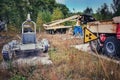 A radiation sign warns of the radioactive vehicles used by the liquidators of the Chernobyl desaster, Ukraine. Royalty Free Stock Photo