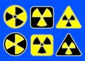 Radiation warning glowing black and yellow signs in circle, square and triangle shape. Radioactivity warning vector symbol