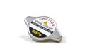 Radiator cap with warning label on white background, isolated, Car maintenance service