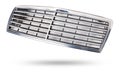 radiator grille on a white background made of shiny chromed metal is an element of the car body that protects and passes air to