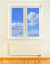 Radiator and window with blue sky view Royalty Free Stock Photo