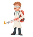 Radical cleaning mad scientist with flamethrower cleansing purification by fire destruction science cartoon character