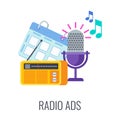 Radio ads icon. Radio microphone, arrow target and music sounds.