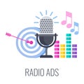 Radio ads icon. Radio microphone, arrow target and music sounds.