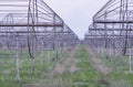 Radio astronomy observatory radio telescope construction in the fields in early spring in cloudy weather