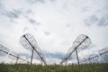 Radio astronomy observatory radio telescope construction in the fields in early spring in cloudy weather