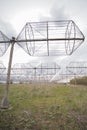 Radio astronomy observatory radio telescope construction in the fields in early spring in cloudy weather