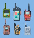 Radio devices. Talk military or police station transceiver garish vector set in cartoon style Royalty Free Stock Photo