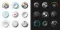 Radio dial. 3D knob buttons. Circle music switch. Round modern rotate control. Sound dashboard. Stereo recorder