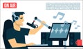 Radio Dj On Air in radio studio playing the music song Broadcasts cool flat design illustration