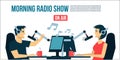 Radio dj`s male & female life playing the music & talk On Air Broadcasts cool flat design illustration. Banner, poster, or flyer c Royalty Free Stock Photo