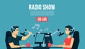 Radio dj`s male & female life playing the music & talk On Air Broadcasts cool flat design illustration. Banner, poster, or flyer c Royalty Free Stock Photo