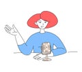 Radio host doodle drawing. Female podcaster speaking to mic microphone