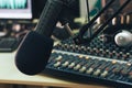 Radio host microphone, mixing console and headphones close-up