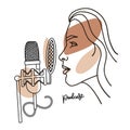 Radio host with professional mic flat vector illustration. Media hosting linear abstract drawing. Female podcaster