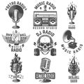 Radio labels. Retro radio, record studio, rock and roll radio emblems. Old style microphone, guitars. Design elements