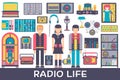 Radio life day collection icon set. Old school tv equpment and workspace in office with Dj presenter man and woman Royalty Free Stock Photo