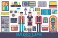 Radio life day collection icon set. Old school tv equpment and workspace in office with Dj presenter man and woman Royalty Free Stock Photo