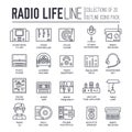 Radio life day thin line collection icon set. Old school tv equpment and workspace in office with Dj presenter man and Royalty Free Stock Photo