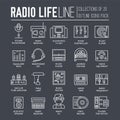 Radio life day thin line collection icon set. Old school tv equpment and workspace in office with Dj presenter man and Royalty Free Stock Photo