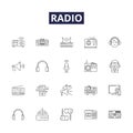 Radio line vector icons and signs. Broadcast, Technology, Frequencies, Waves, Transmitter, Receiver, Antenna, Amplitude