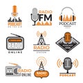 Radio logo. Podcast towers wireless badges radio station symbols vector collection