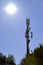 Radio mast against a blue sky with sun Royalty Free Stock Photo