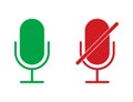 Radio microphone icons in red and green colors. Isolated record equipment. Sound mic for karaoke. Broadcast voice symbol