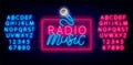 Radio music neon label. On air. Frame with microphone. Online streaming concept. Event design. Vector stock illustration Royalty Free Stock Photo